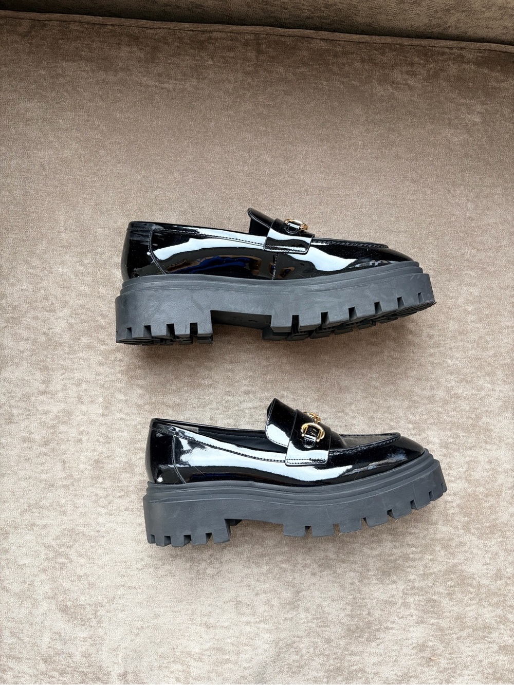 Stuart Weitzman Black Patent Platform Loafers with Gold Buckle